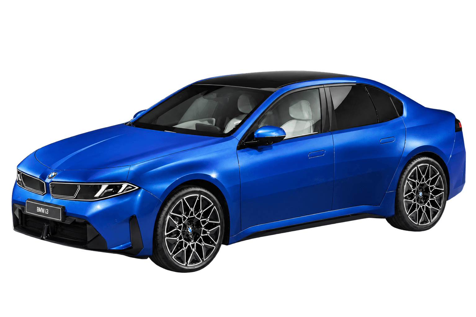 Blue BMW i3 sedan alone in a grey studio, viewed from the front three-quarter angle.