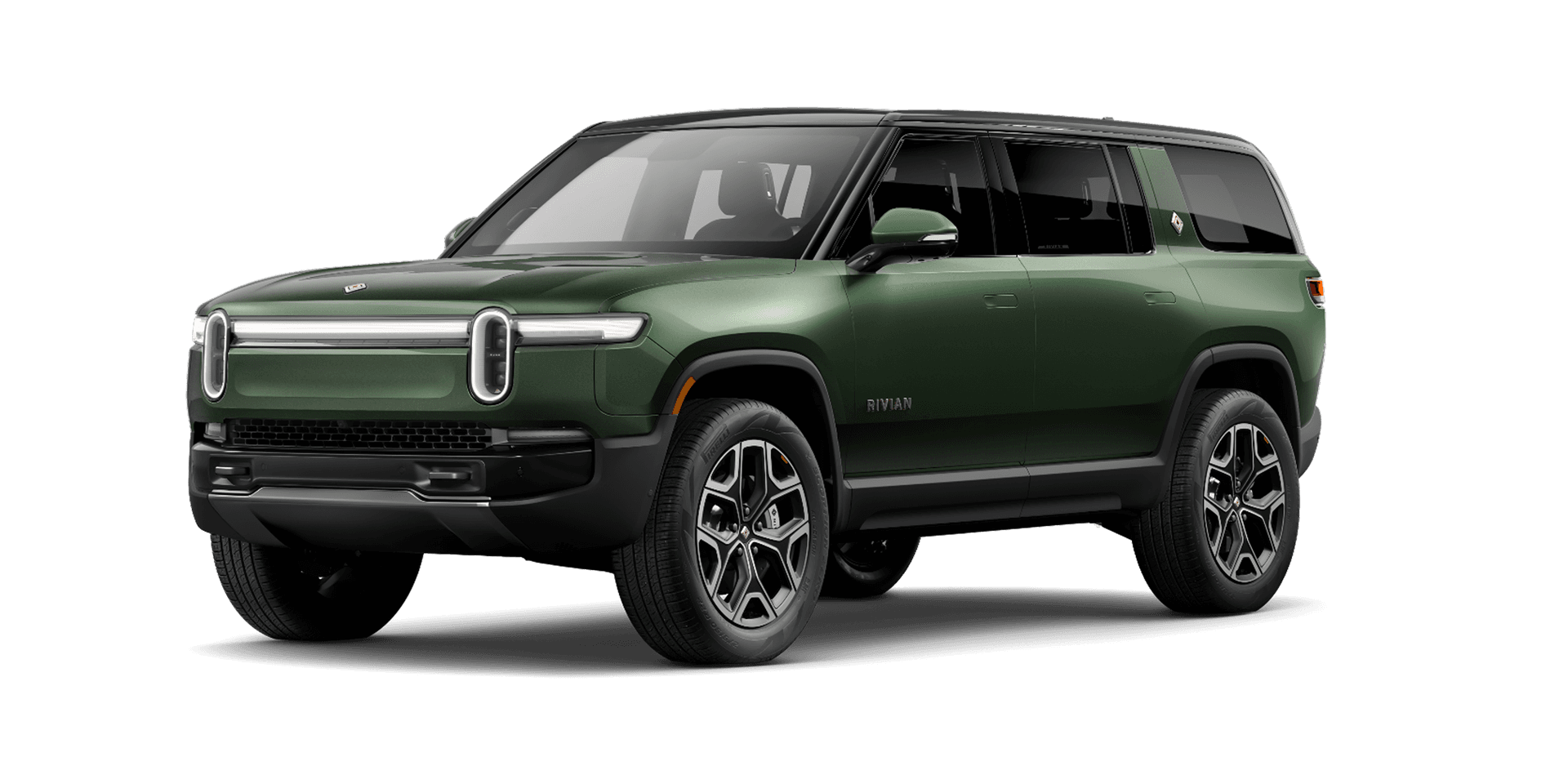A green Rivian R1S Premium shown alone from the front three-quarter angle on a transparent background