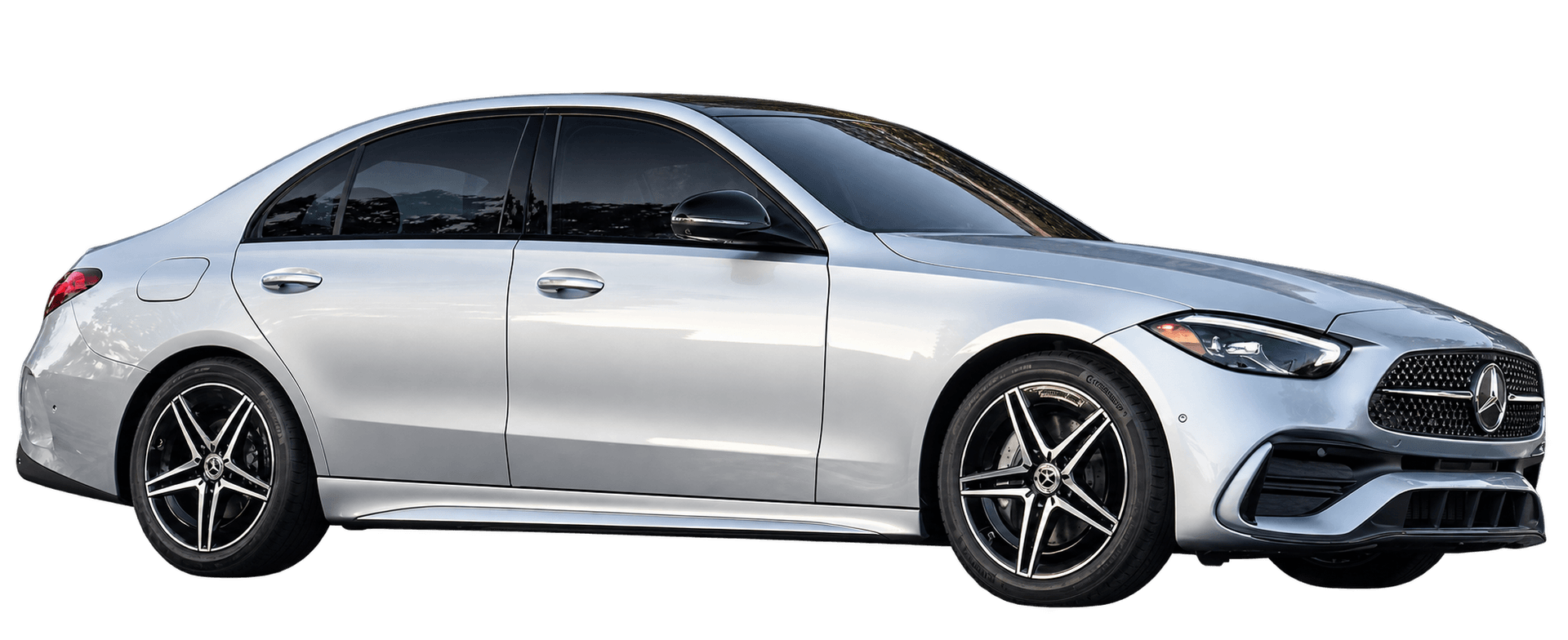 Silver Mercedes-Benz C-Class sedan, side and front view