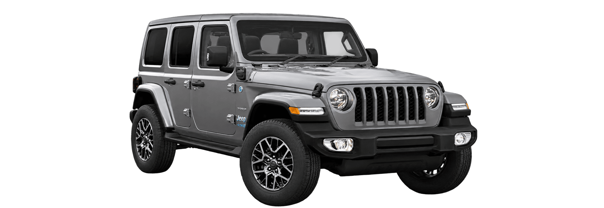 A grey Jeep Wrangler 4xe alone on a white background