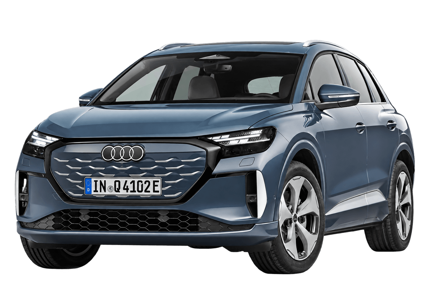 Blue Audi Q4 e-tron alone on a plain grey studio background