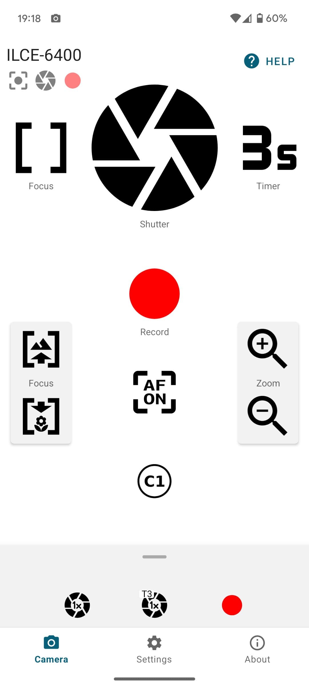 α-Remote main screen connected to an ILCE-6400 with focus, shutter, timer, record, zoom and C1 buttons
