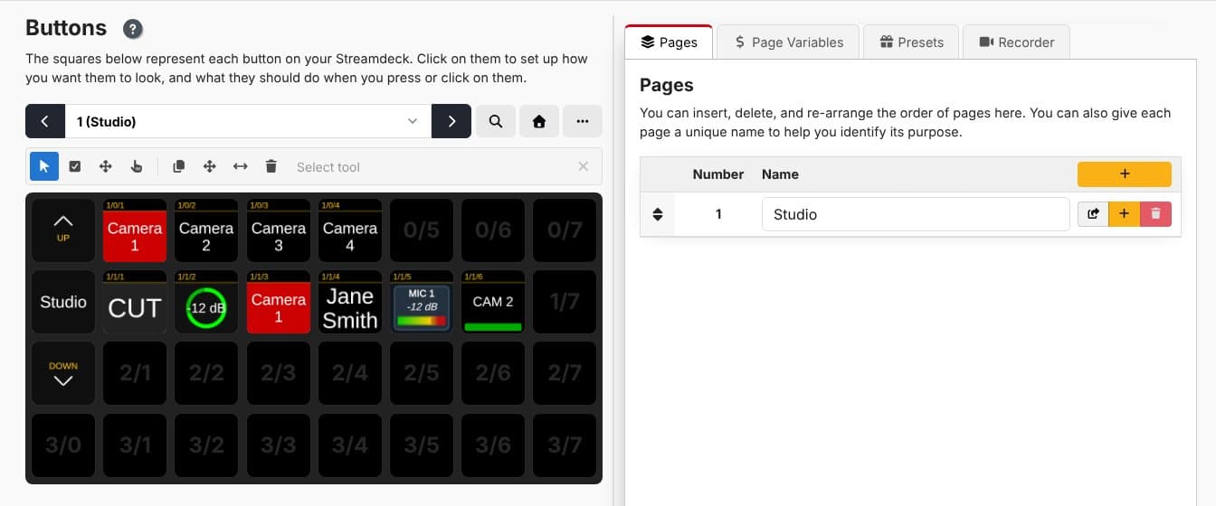 Companion's Buttons page with a grid of configured keys, such as Camera 1 to 4, CUT, an audio meter and page controls