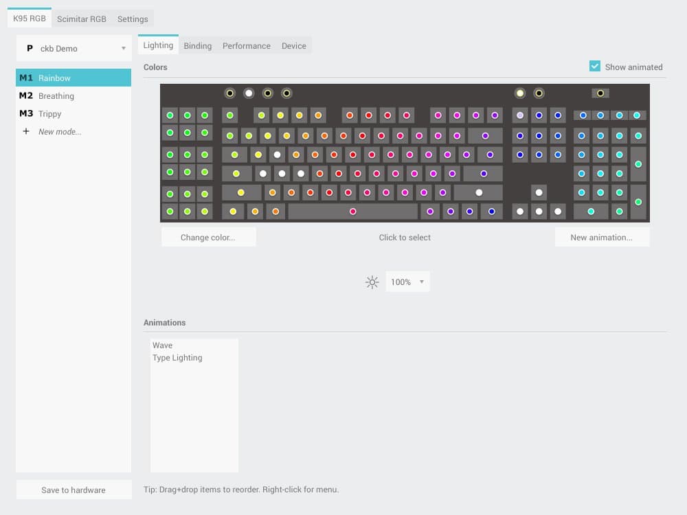 ckb-next lighting tab showing per-key colours on a K95 RGB and animation modes
