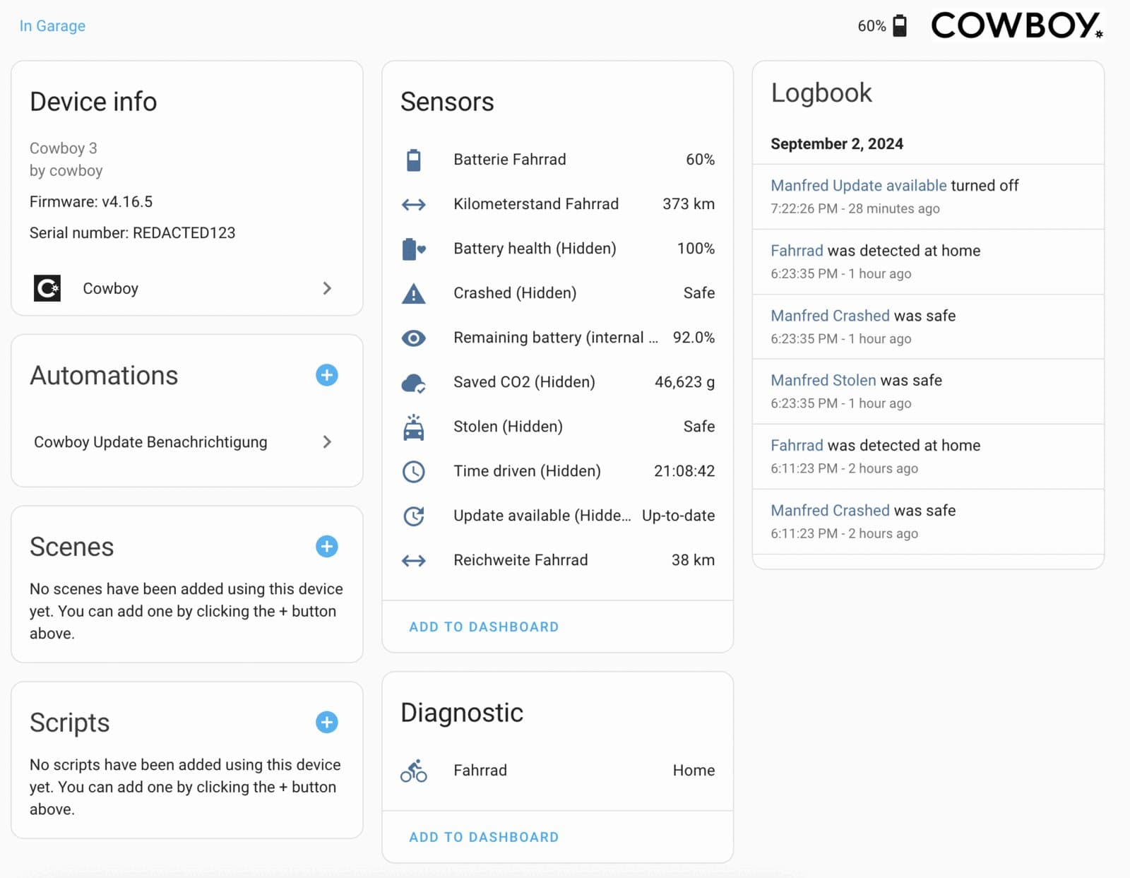 Cowboy battery, range and mileage sensors in Home Assistant
