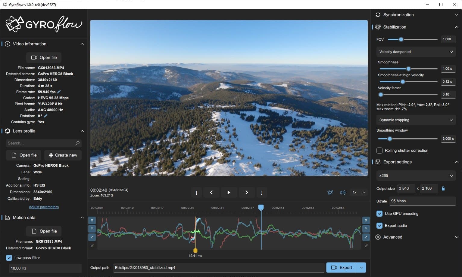 Gyroflow stabilizing a GoPro HERO8 Black clip, with gyro chart and export settings