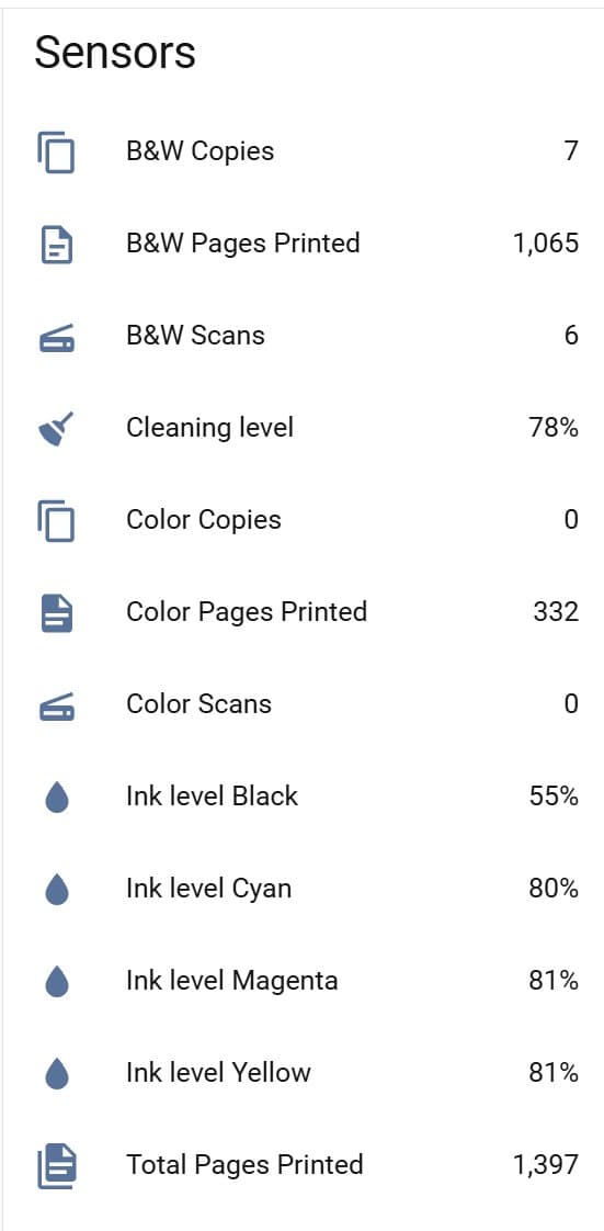 Epson ink levels, maintenance level and page counters in Home Assistant