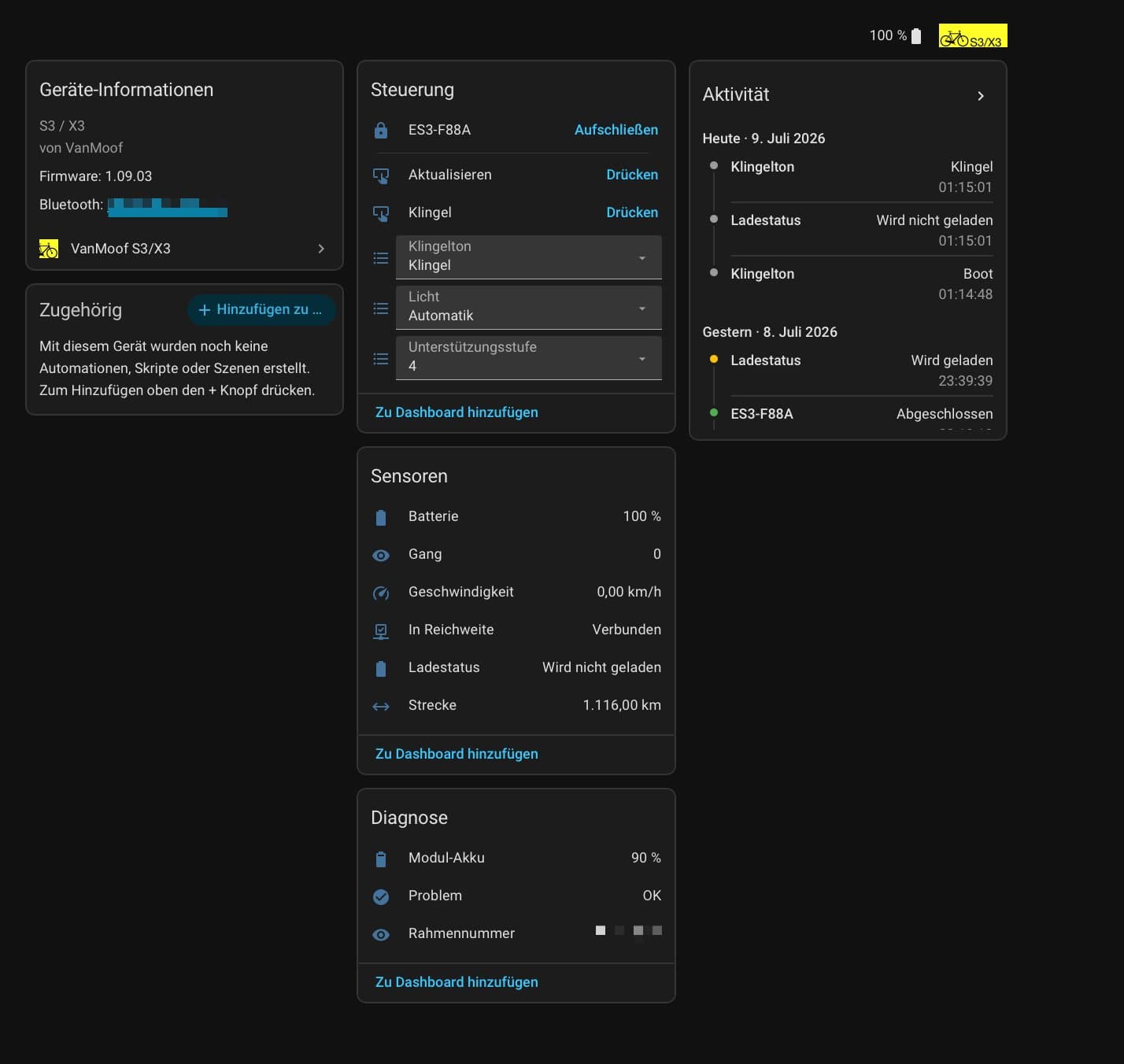 VanMoof device page in Home Assistant with battery, distance and lock entities