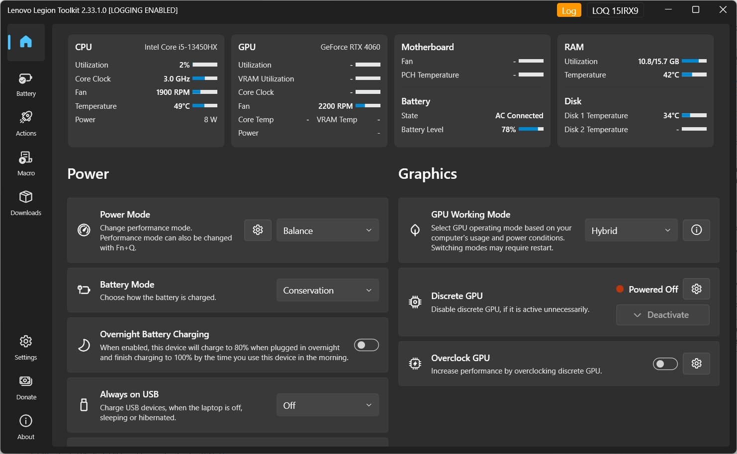 Legion Toolkit main window with power mode and battery mode