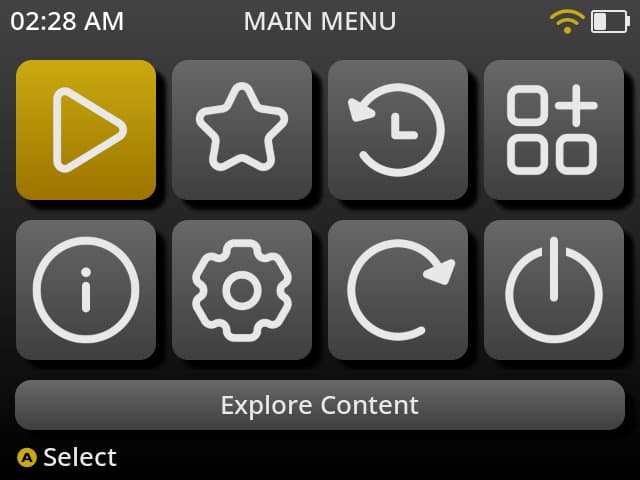 muOS main menu with content, favourites, history, apps, info, settings, reboot and power tiles