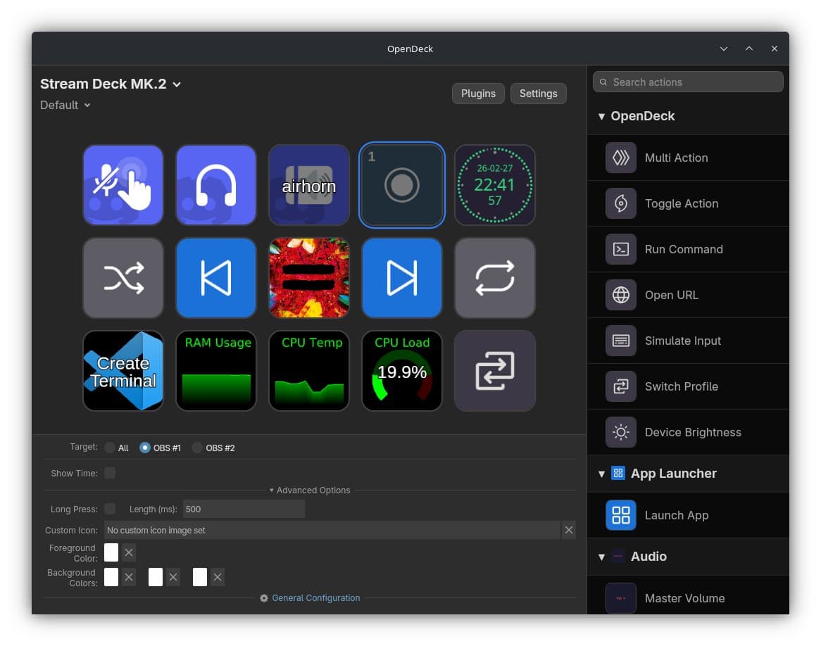 OpenDeck window with a Stream Deck MK.2 layout of Discord, media, clock and system-stat keys beside the action list