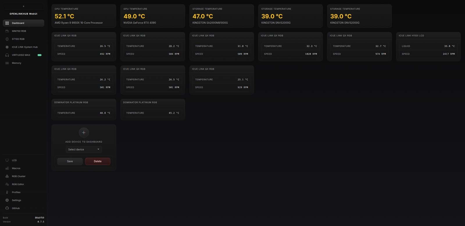 OpenLinkHub dashboard with CPU, GPU and storage temperatures and iCUE Link fan speeds