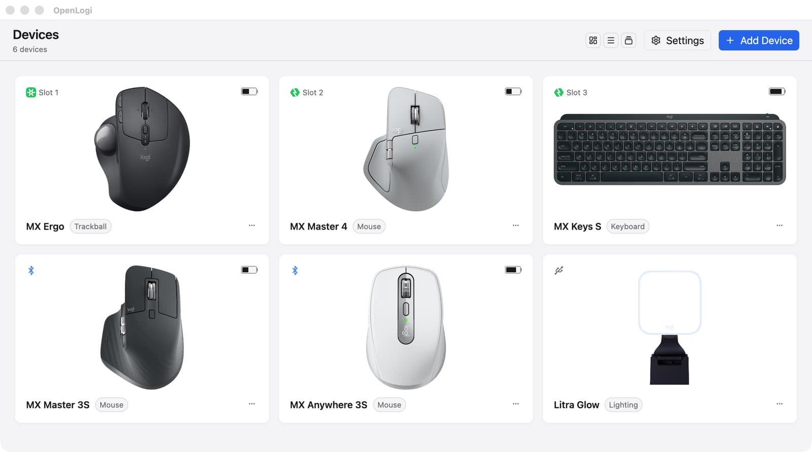 OpenLogi Devices window listing MX Ergo, MX Master 4, MX Keys S, MX Master 3S, MX Anywhere 3S and Litra Glow with battery levels