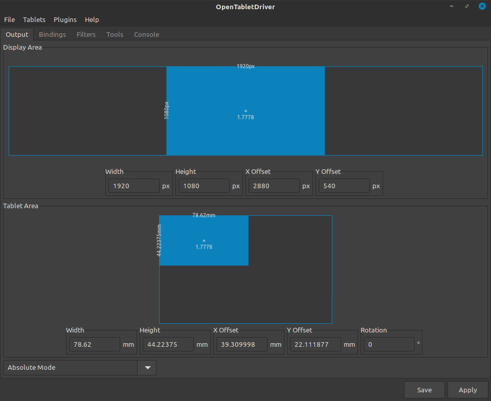 OpenTabletDriver mapping tablet and display areas on Linux