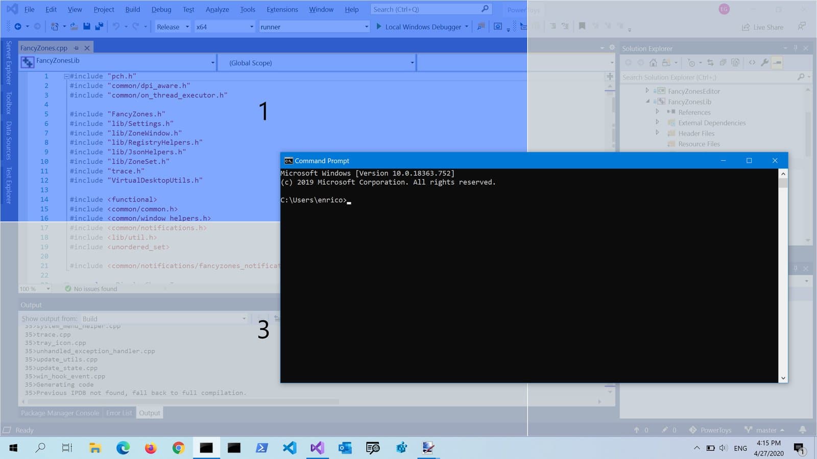 FancyZones arranging a development workspace