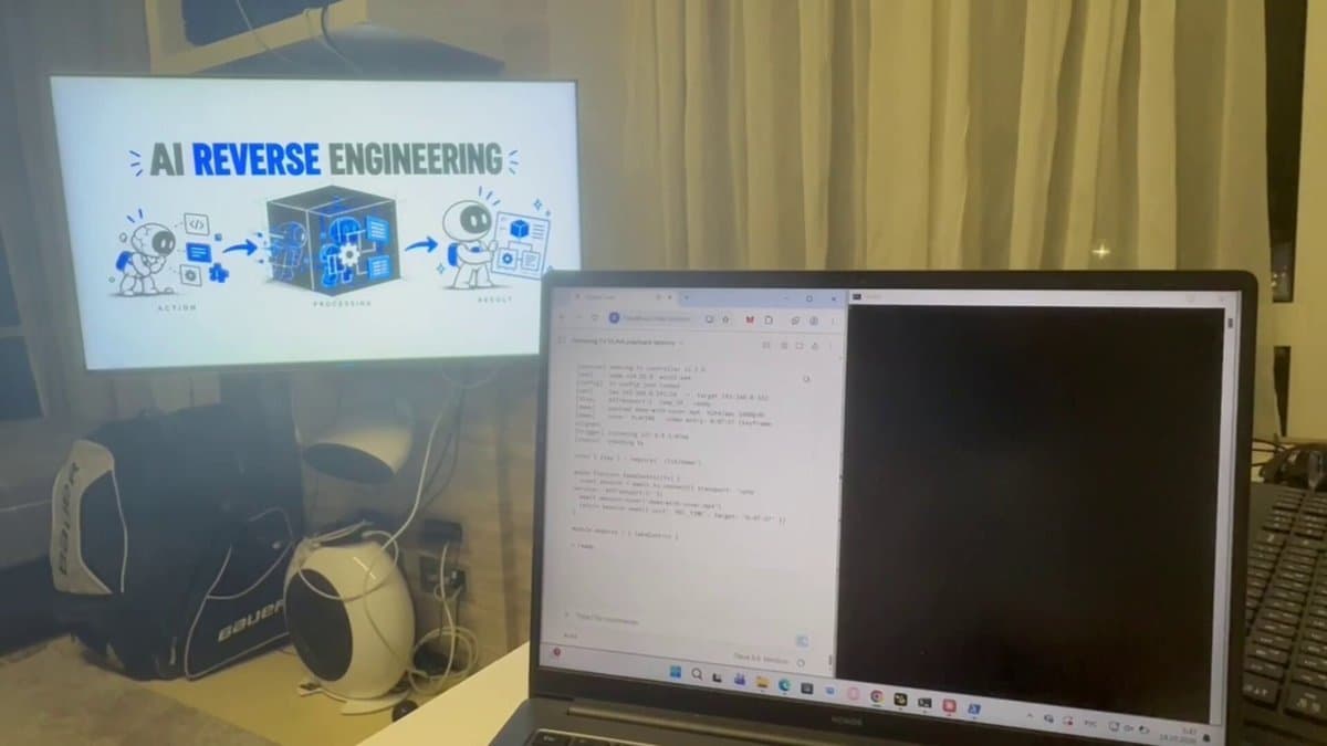 Source-post video thumbnail of a laptop and TV with an AI reverse-engineering graphic