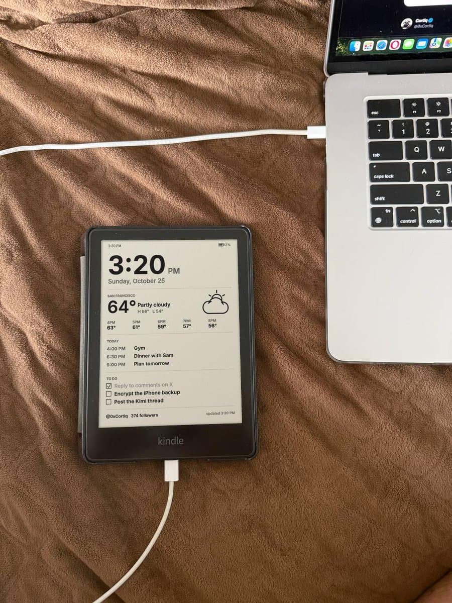 Kindle showing a clock, weather and task dashboard in the source post