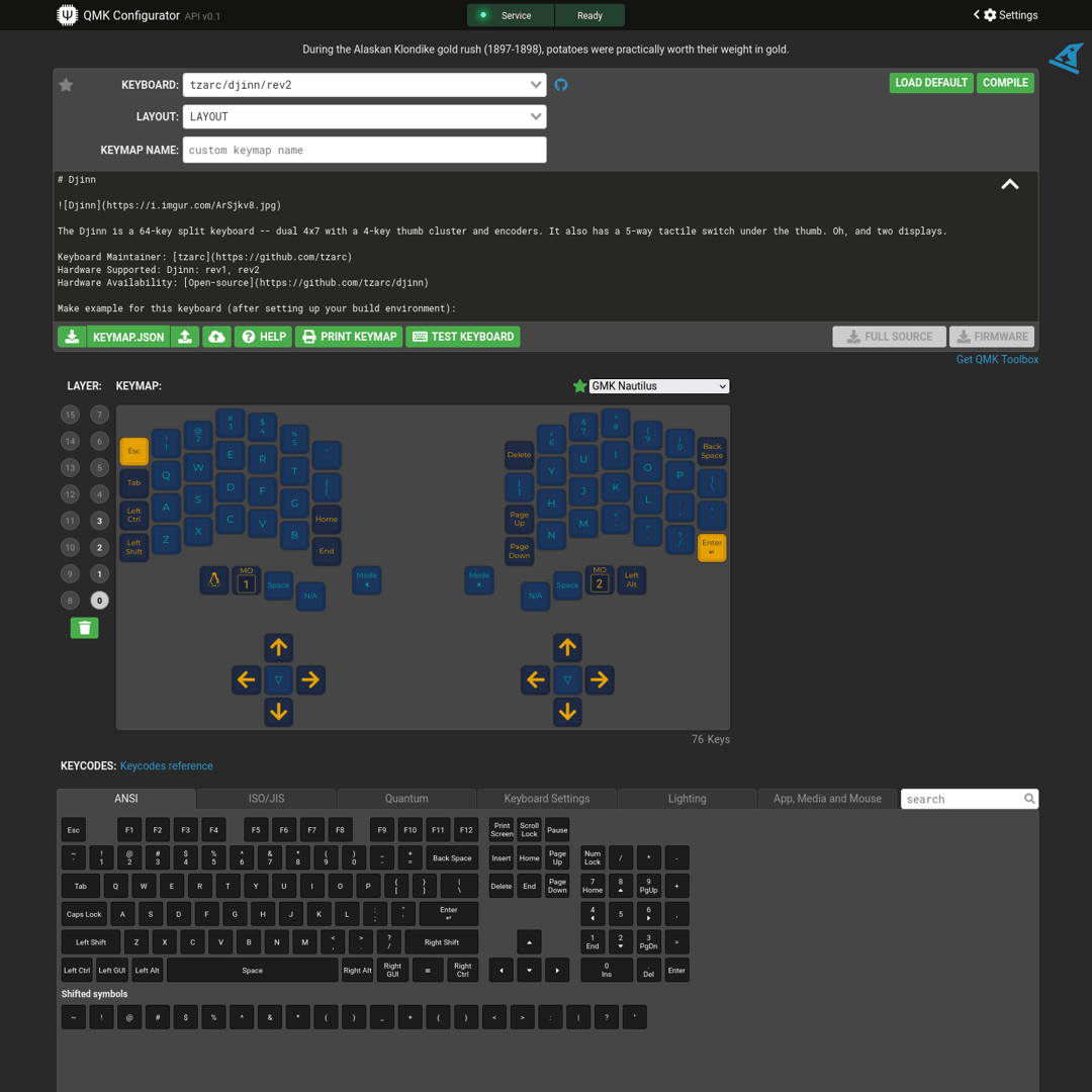 QMK Configurator in a browser with an example Djinn rev2 keymap and keycode palette