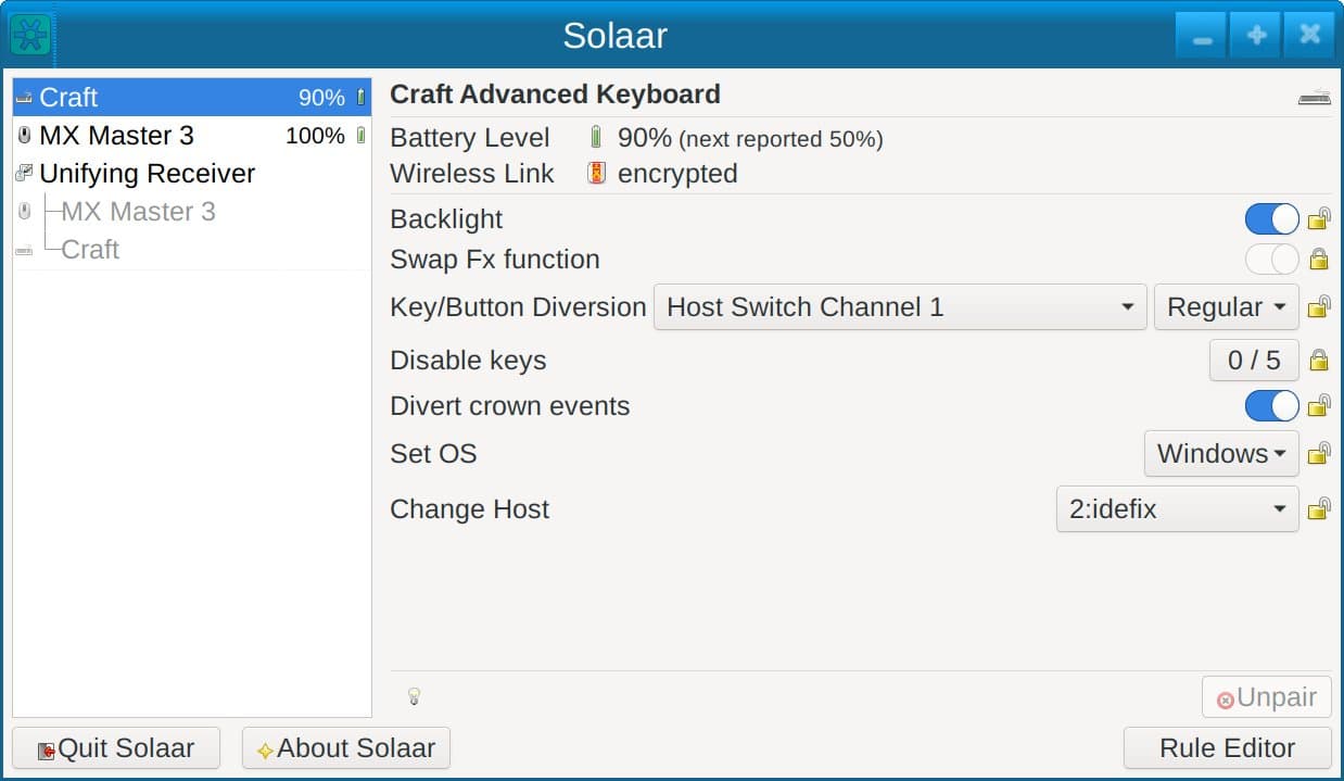 Solaar window listing a Craft keyboard and MX Master 3 on a Unifying receiver with battery levels
