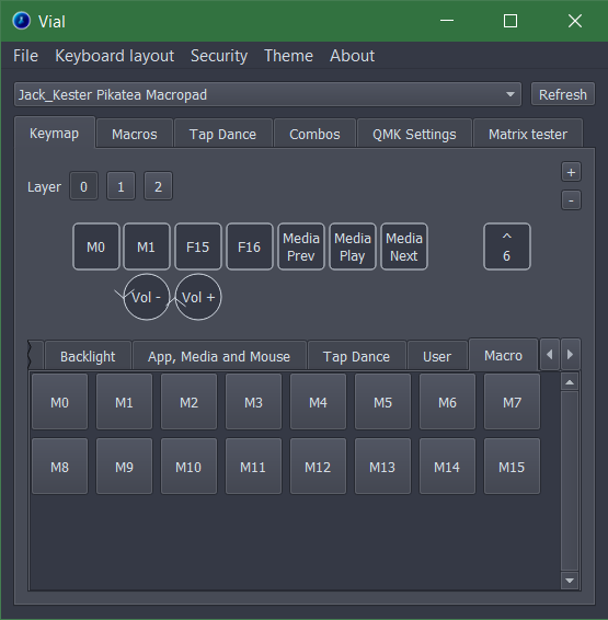 Vial assigning macro keys in an example macropad keymap